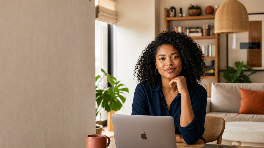 A software builder working from home at a laptop in a warm, naturally lit living space.