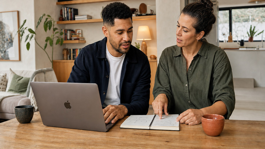 A software builder and experienced mentor reviewing a product together at a laptop.