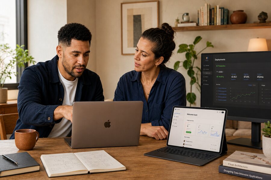 A builder and mentor reviewing AI-assisted software work together on screen.