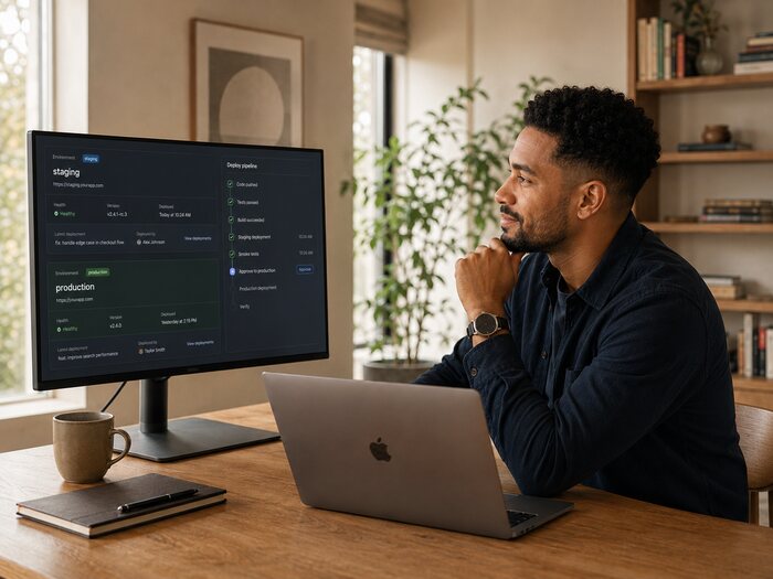 A builder checking a software product on a laptop and monitor in a home workspace.