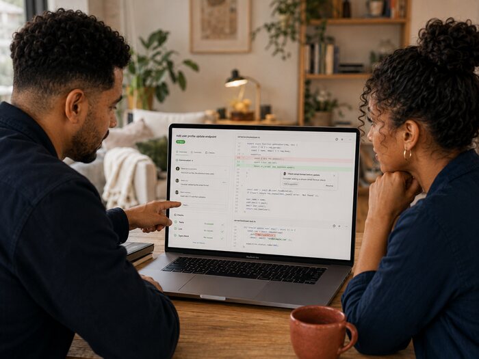 An experienced developer reviewing a builder's software code and explaining the findings.