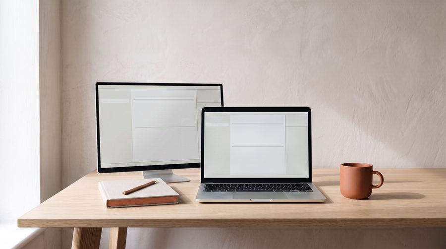 Two matched screens side by side on the same desk — a larger display and the laptop — standing for staging and production.