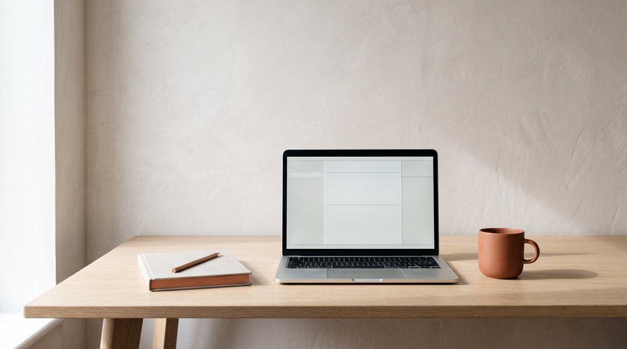 The pale oak desk photographed straight on, laptop open and screen quiet, notebook and terracotta mug either side.