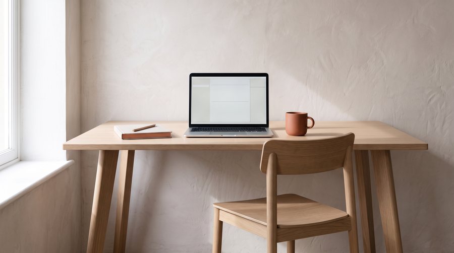 The pale oak desk and matching oak chair in a quiet daylit studio, the laptop, linen notebook and terracotta mug set out on the desktop.