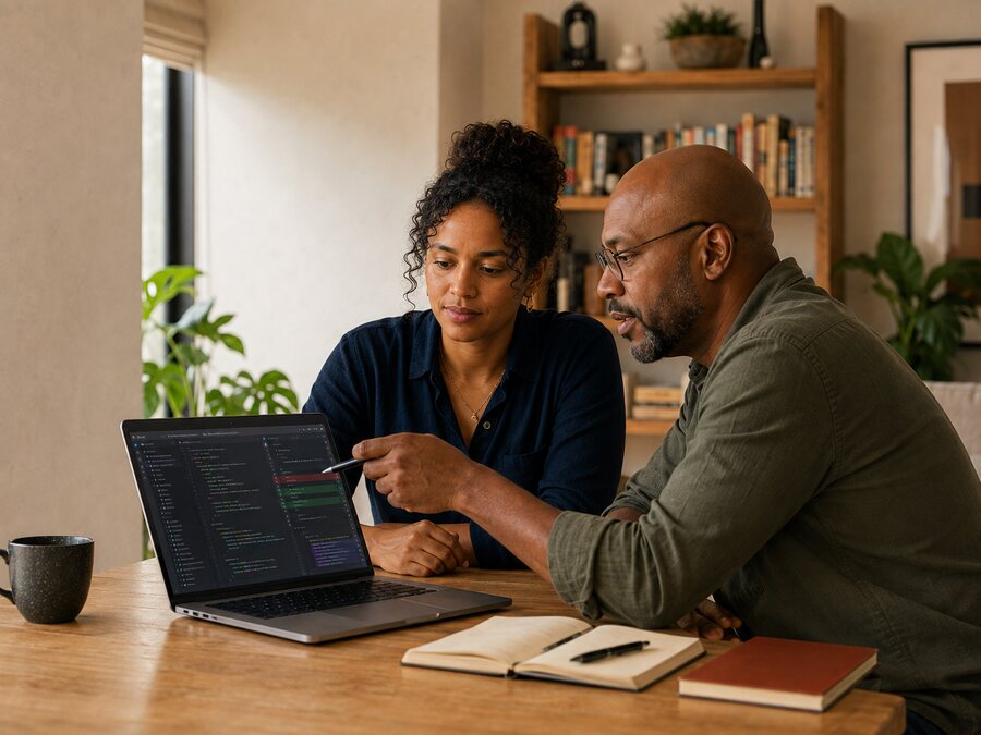 Two software professionals discussing code together at a table.